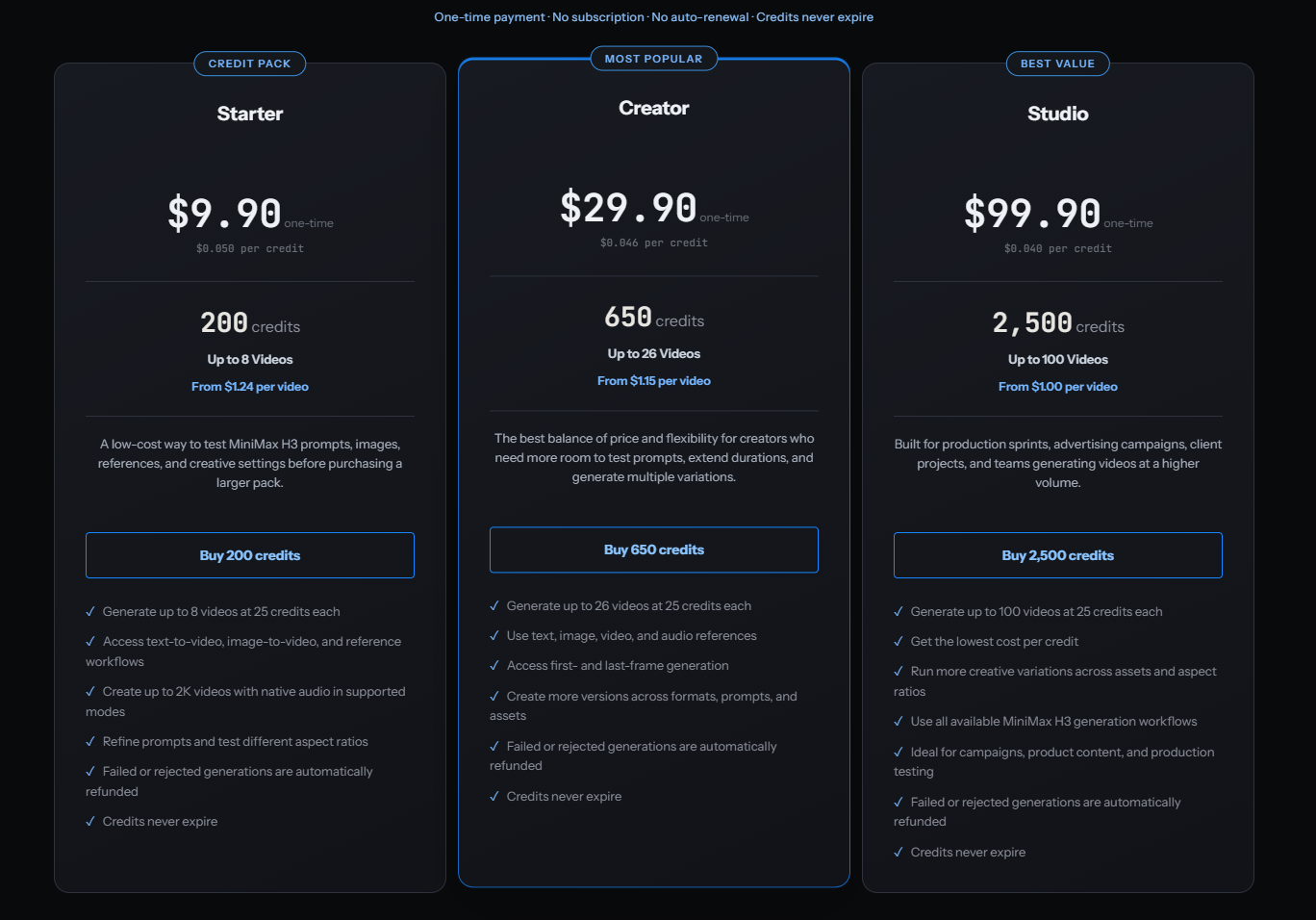 MiniMax H3 credit pack pricing screenshot